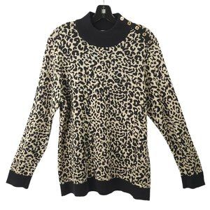 Calvin Klein Animal Print Pullover Sweater Womens L Black Tan Button Accents